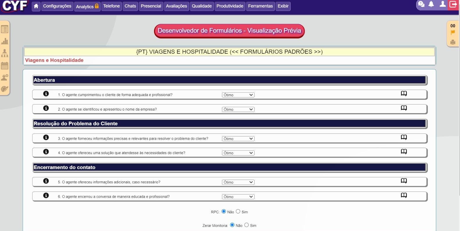 Formulário de Monitoria de Qualidade para Viagens e Hospitalidade