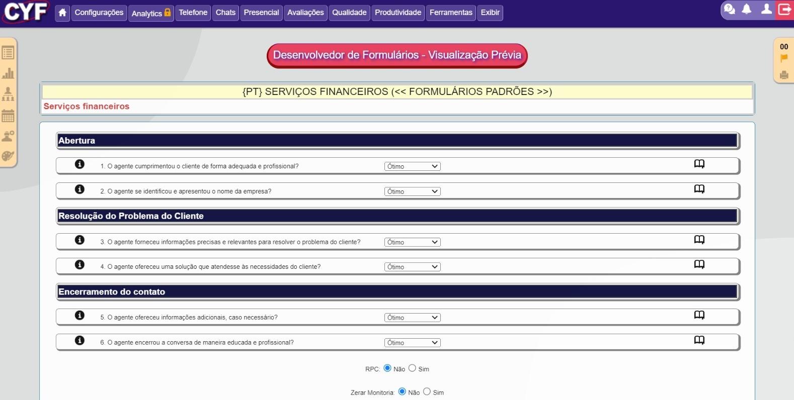 Formulário de Monitoria de Qualidade para Serviços Financeiros 